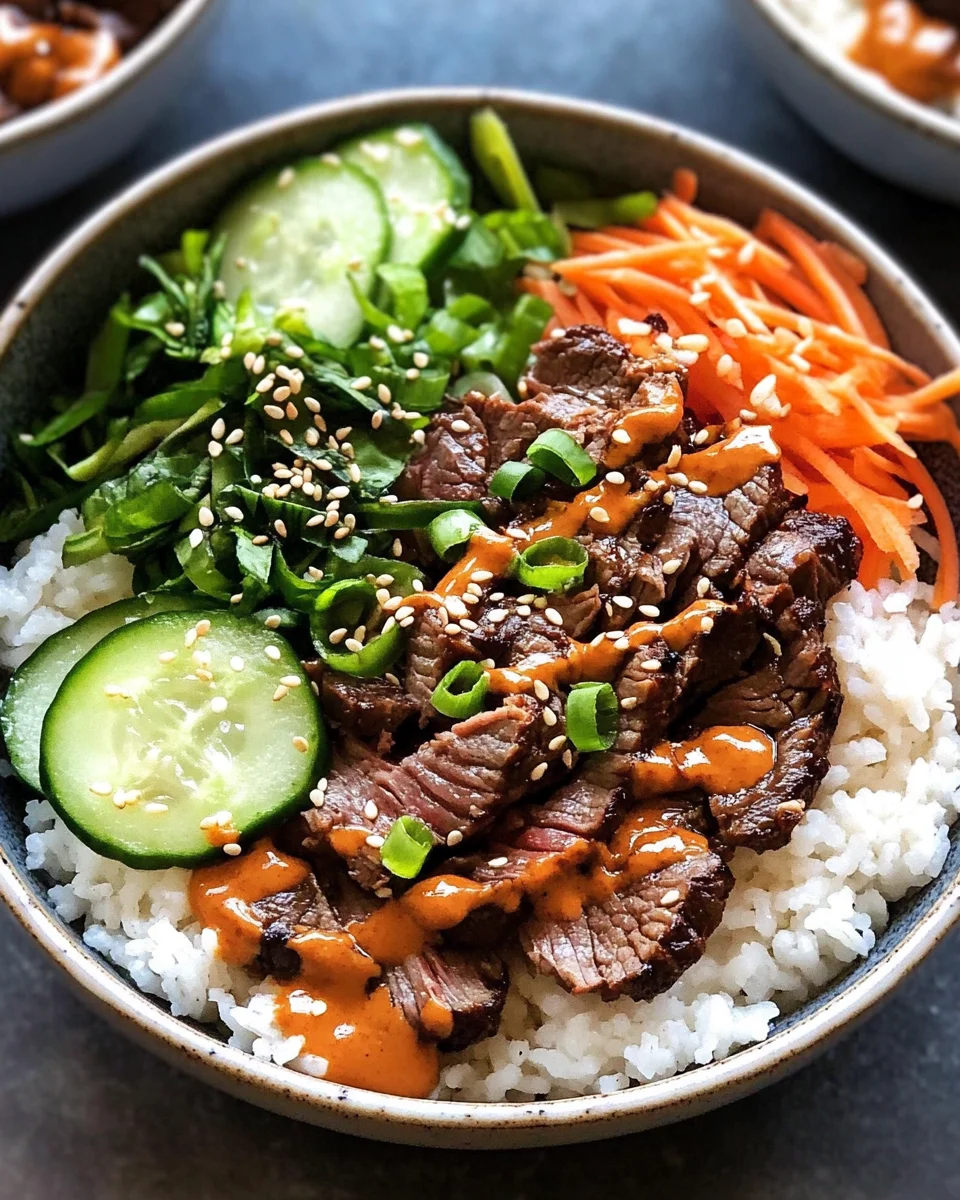 Korean BBQ Steak Rice Bowls with Spicy Cream Sauce