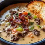 One-Pot Philly Cheesesteak Soup with Turkey Bacon and Cheesy Toast