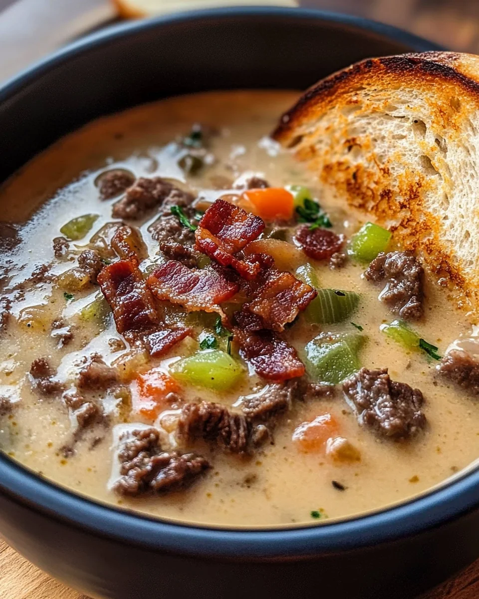 One-Pot Philly Cheesesteak Soup with Turkey Bacon and Cheesy Toast